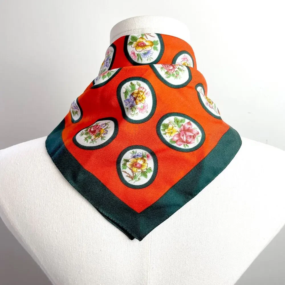 Vintage Square Scarf Orange Green Retro Cameo Floral Medallion Print Old Money